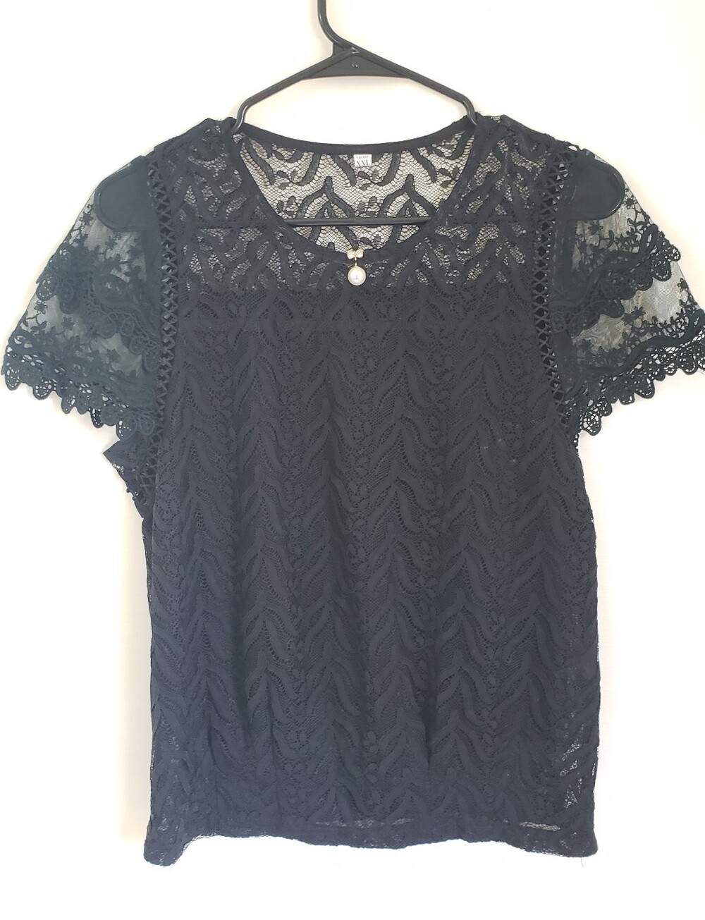 Lace Overlay Short Sleeve Top - Black
